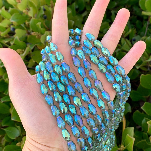 120pcs Creative Club Faceted Teardrop Crystal Glass Beads, Center Drilled, Peridot Shimmer, 12x8mm, Hole ID 1mm, CCT-1236