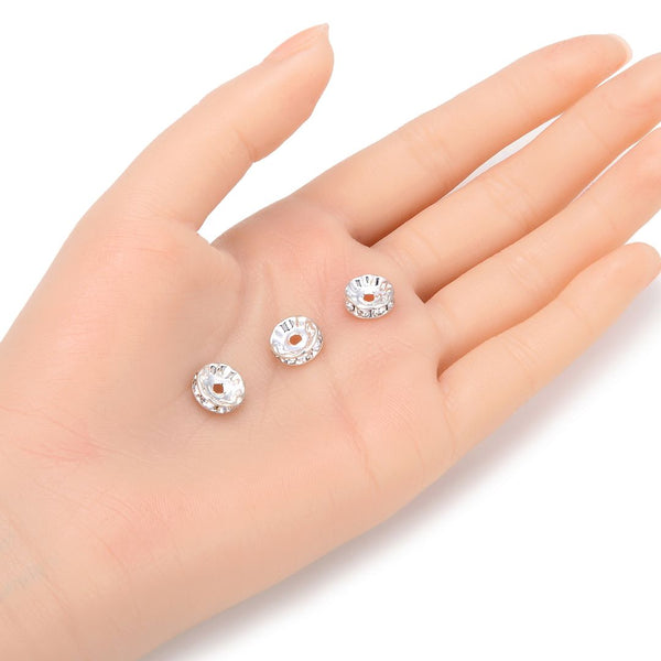 100pcs AAA Grade Rhinestone Rondelle Beads, Sterling Silver Plated Brass, Clear Crystal Rhinestone, Color Selections: 4mm/5mm/6mm/8mm/10mm/12mm