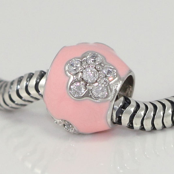 1pc Solid 925 Sterling Silver Pink Flower Cubic Zirconia Bead Charm, Compatible with Pandora All Other Charm Bracelet, EC82