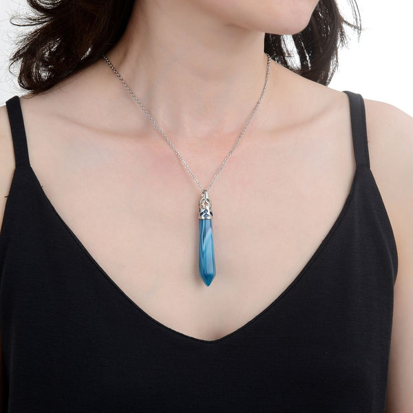 1pc Natural Blue Agate Hexagonal Pile Gemstone Pendant Necklace, 18 Inch Surgical Stainless Steel Chain, GGP-B3