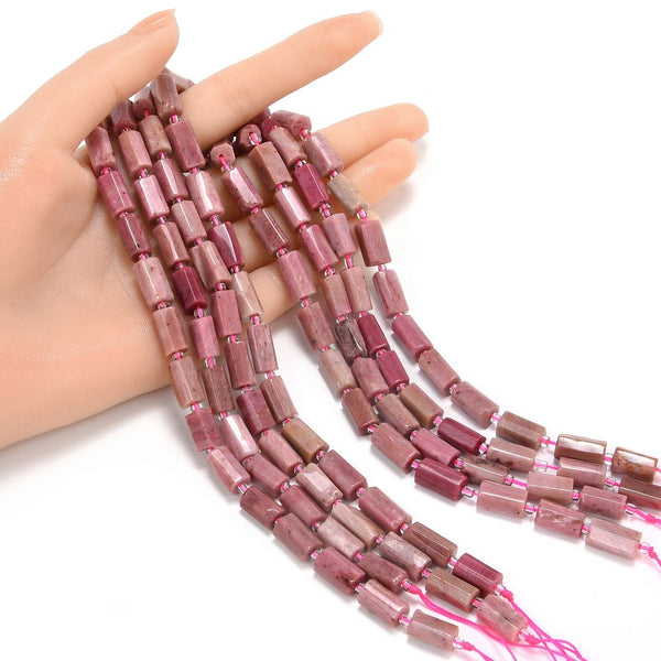 Natural Pink Rhodonite Gemstone Faceted Tube Beads, 13x7mm, Hole ID 1mm, 15 Inch/1 Strand, GZ8-8