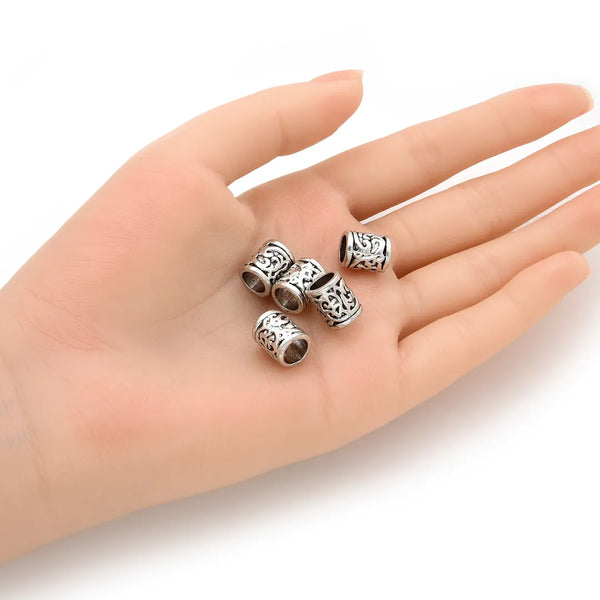 50pcs Large Hole Tube Beads, Antique Silver, 10.7mm, Hole ID 6.3mm, MC-T2