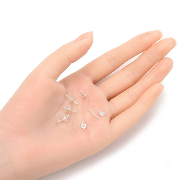 100pcs Earring Posts Glue On Settings, with 100pcs Earring Backs, Sterling Silver Plated Brass, Flat Board Size Selections: 3mm/4mm/6mm/8mm