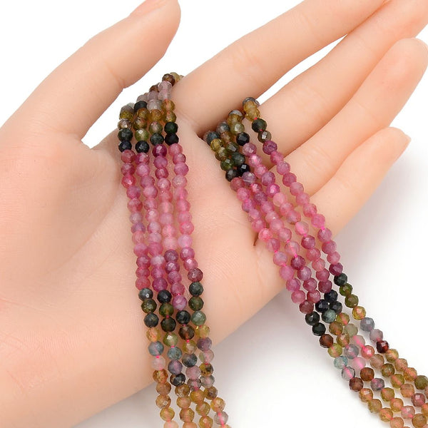 Natural Multi-color Tourmaline Gradient Shade Gemstone Tiny Small Faceted Round Beads, 4mm, Hole ID 0.6mm, 15 Inch/1 Strand, GK4-3