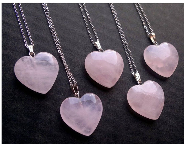 1pc You Are My Only Love Necklace, Natural Pink Rose Quartz Gemstone Large Heart Pendant, 18 Inch Surgical Stainless Steel Chain, GGP8-5