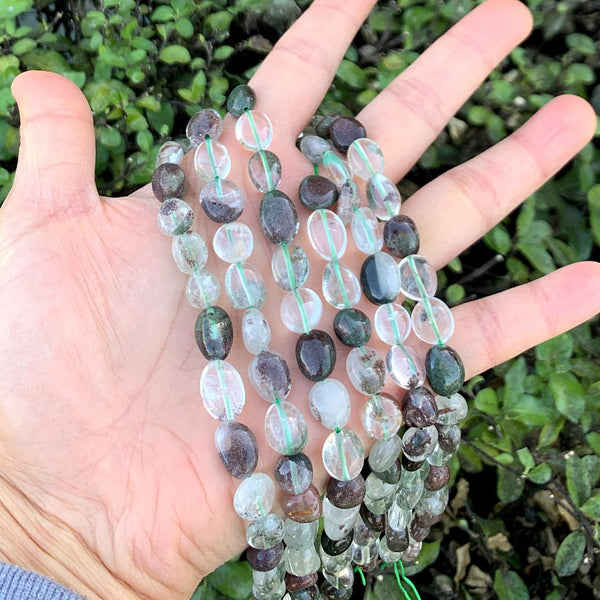 Natural Green Phantom Quartz Gemstone Oval Tumbled Pebble Beads, Irregular, 8mm to 12mm, Hole ID 1mm, 15 Inch/1 Strand, GZ12-33