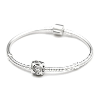 Real 925 Sterling Silver Heart Bead, April Birthstone Charm Cubic Zirconia CZ Clear Gemstone,...