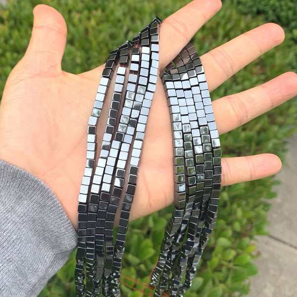 Grade A Natural Black Hematite Gemstone Cube Beads, 2 strands/190pcs Beads, 4mm/Small Tiny, Hole ID 1mm, GFC-K1
