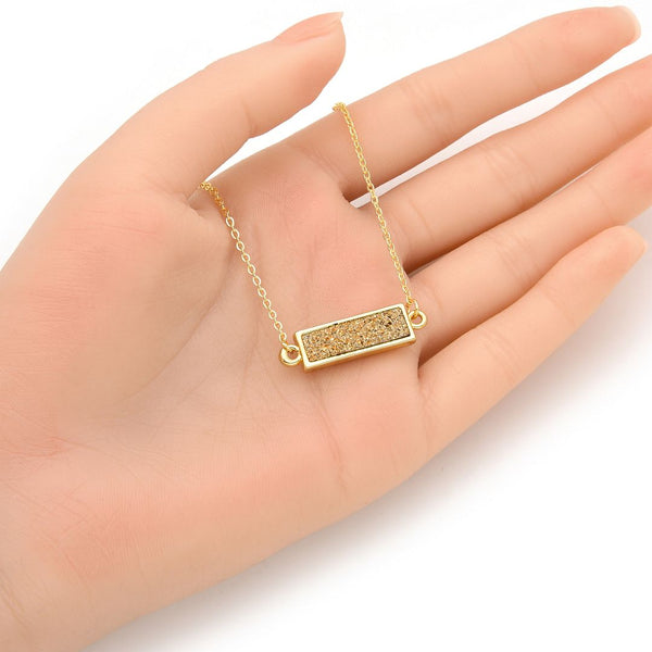1pc Natural Druzy Crystal Pendant Necklace, Gold Bar Gemstone Pendant, 18 inch Gold Plated Stainless Steel Chain, GGP24-1