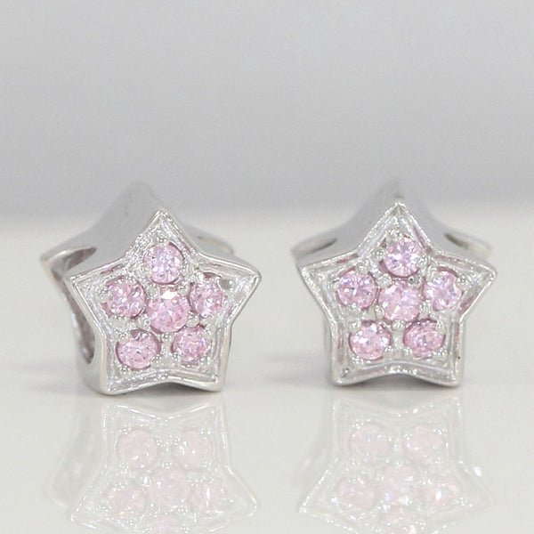 1pc 925 Sterling Silver Star Charm October Birthstone Bead Charm, Pink Tourmaline Cubic Zirconia CZ, 10x9.5mm, Hole ID 4.5mm, EC1-K10