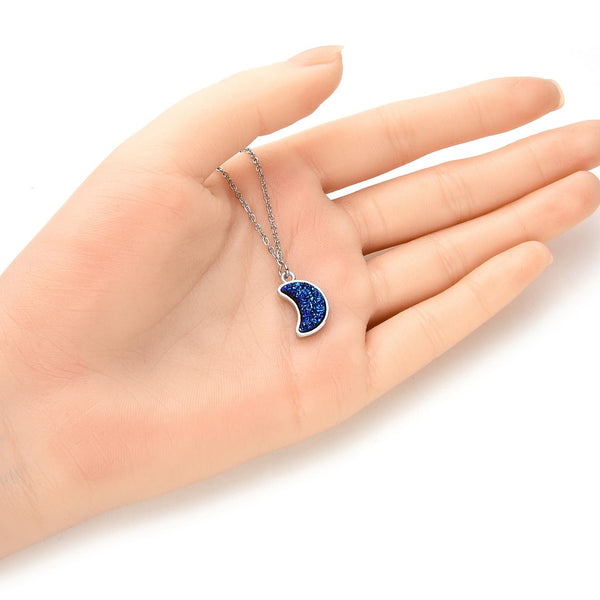 1pc Natural Druzy Crystal Pendant Necklace, Purple Blue Moon Drop Small Gemstone Pendant, 18 inch Stainless Steel Surgical Chain, GGP27-6