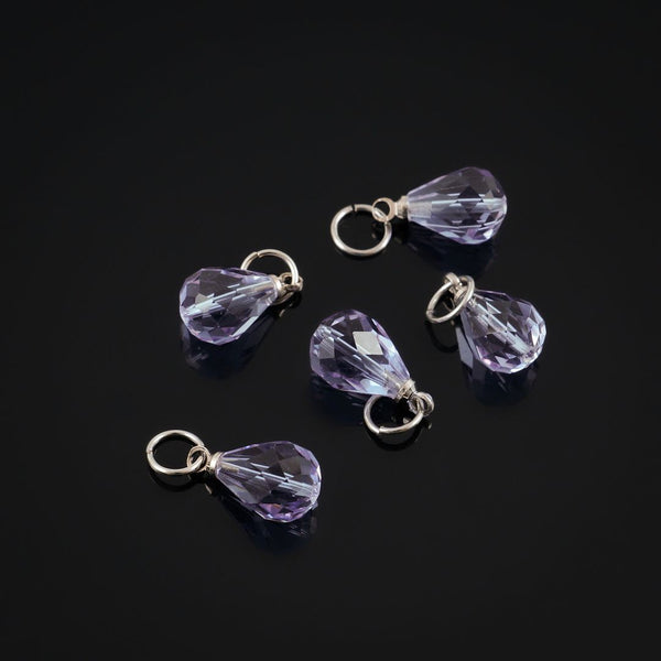 5pcs June Birthstone Charm Drops, 10mm Alexandrite Purple Austrian Teardrop Crystal Beads, Sterling Silver Plated Open Jump Rings, BR6-6