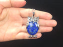 1pc Natural Blue Lapis Lazuli Gemstone Owl Pendant Necklace, 18 Inch Surgical Stainless Steel Chain, GGP-F2