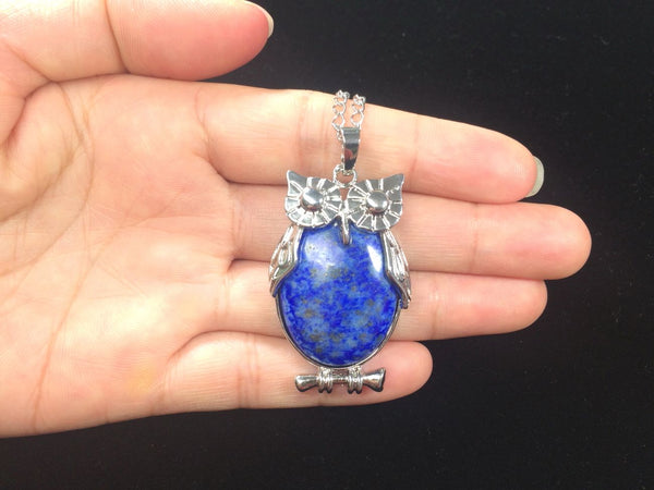 1pc Natural Blue Lapis Lazuli Gemstone Owl Pendant Necklace, 18 Inch Surgical Stainless Steel Chain, GGP-F2