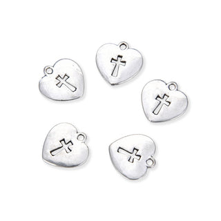 20pcs Cross Sign Religious Heart Charms, 16.7mm Double Sided Heart Drop Pendants, Antique Silver, MC-D17