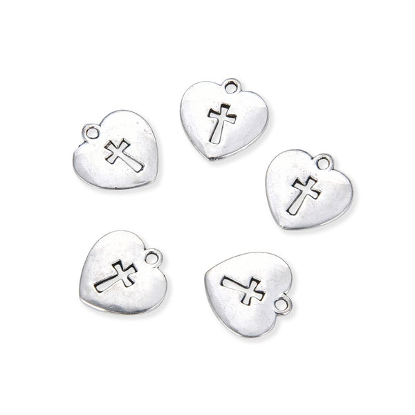 20pcs Cross Sign Religious Heart Charms, 16.7mm Double Sided Heart Drop Pendants, Antique Silver, MC-D17