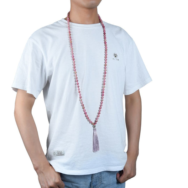 Adabele Premium 108 Mala Bead Lt. Purple Tassel Necklace, 8mm Natural Pink Rhodonite Gemstone, Tibetan Buddhist Japa Prayer Beaded Jewelry RGN3