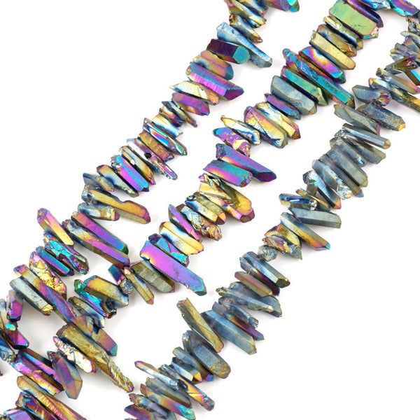 1 Strand Natural Raw Crystal Quartz Gemstone Beads, Small Drilled Stone Points, Rainbow AB Titanium Coated Stone Stick, 15 Inch, GA5