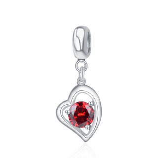 1pc 925 Sterling Silver Love Heart January Birthstone Charm Drop, Red Cubic Zirconia CZ, 26mm (1 inch) Long, Hole ID 4.5mm, EC1-E1
