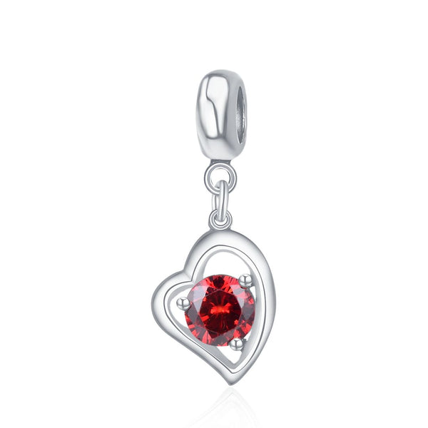 1pc 925 Sterling Silver Love Heart January Birthstone Charm Drop, Red Cubic Zirconia CZ, 26mm (1 inch) Long, Hole ID 4.5mm, EC1-E1