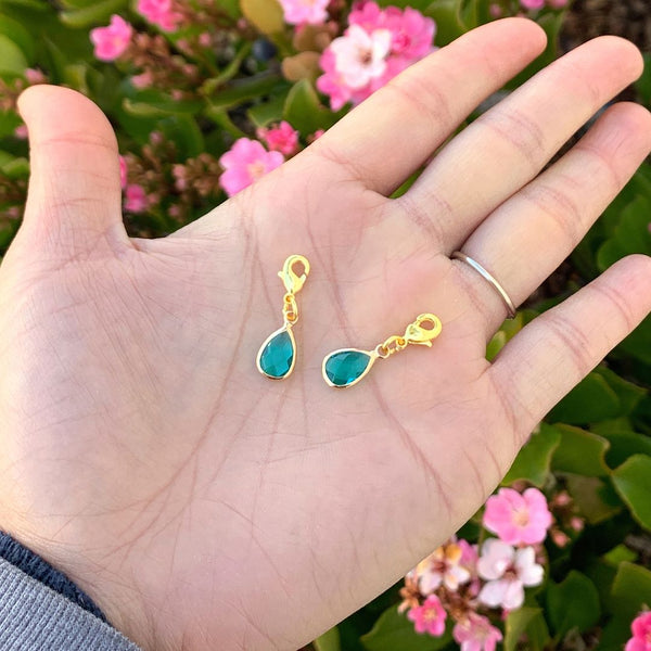 2pcs Clip On Dangle December Zircon Blue Birthstone Charm Drops, Tarnish Resistant, 18K Yellow Gold Plated Lobster Clasp, BL8-12