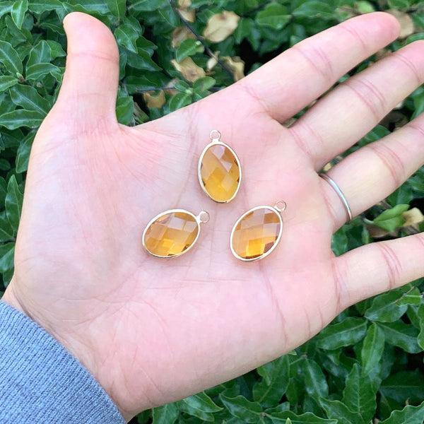 10pcs Grade A November Topaz Yellow Oval Birthstone Charm Drops, 18K Yellow Gold Plated Brass, 18x13mm, CCP6-G11