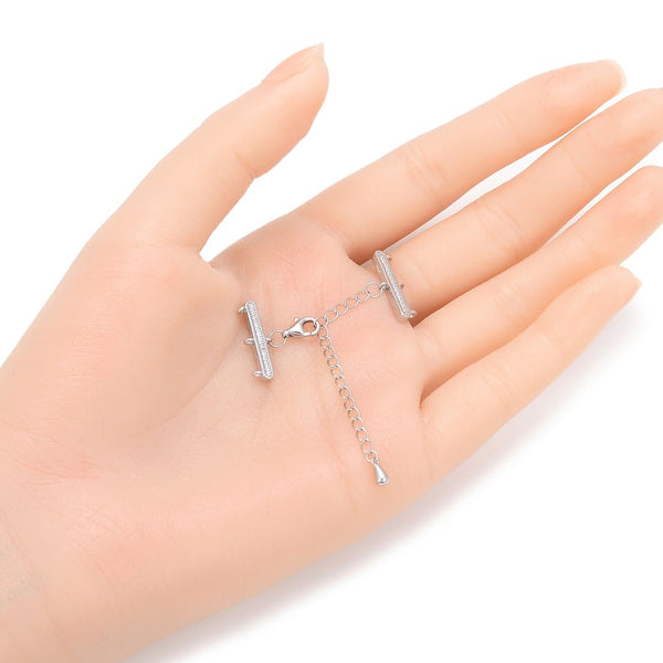 1 Set 925 Sterling Silver 3 Strands Clasp, Adjustable Chain, Cubic Zirconia CZ Diamond, Tarnish Resistant Rhodium Plated, SS395