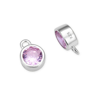 2pcs 925 Sterling Silver 6mm October Birthstone Charm Drop Pendants, Tarnish Resistant, Pink Tourmaline Cubic Zirconia Gemstone, SXP8-10