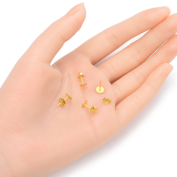 4 Pairs 925 Sterling Silver Earring Posts, Real 18K Yellow Gold Plated, Glue On Flat Board, 0.9mm/19 Gauge Pin, 8pcs Earring Backs, Flat Board Size Selections:3/4/6/8mm