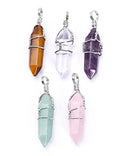 1 Set/5pcs Natural Bullet Point Gemstone Pendant Drops, 38mm, (Amethyst, Rose Quartz, Tiger Eye, Aventurine, Clear Crystal), with 1pc Leather Cord Necklace, G2P-S1