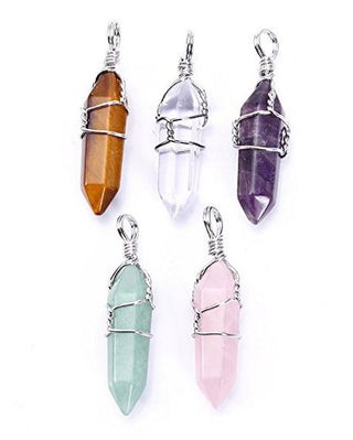 1 Set/5pcs Natural Bullet Point Gemstone Pendant Drops, 38mm, (Amethyst, Rose Quartz, Tiger Eye, Aventurine, Clear Crystal), with 1pc Leather Cord Necklace, G2P-S1