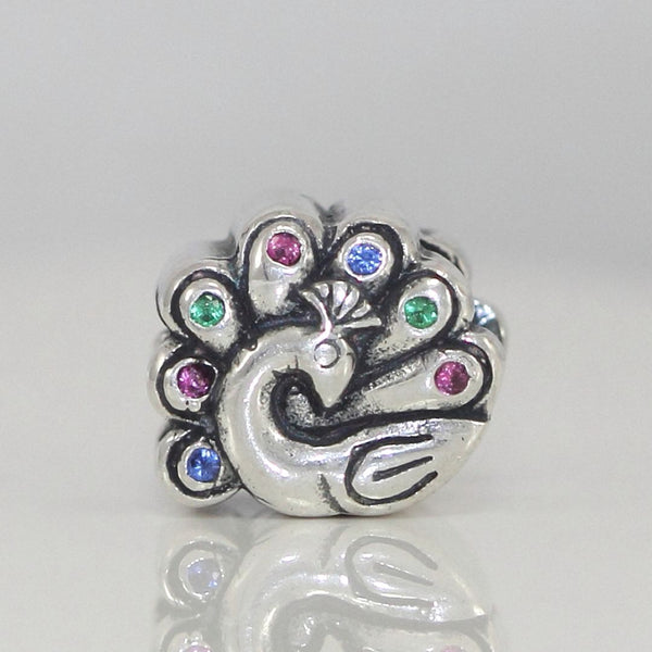 1pc Solid 925 Sterling Silver Peacock Cubic Zirconia Gemstone Charm Bead, Compatible with Pandora All Other Charm Bracelets, EC2-P1