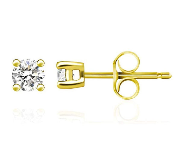 1 pair 18K Yellow Gold Plated Sterling Silver Stud Earrings, 2mm/0.03 Carat Round Cut Cubic Zirconia CZ Diamond, Small Tiny, SSE75-2