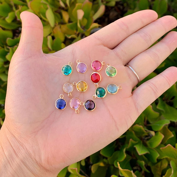 1 Set/12pcs Grade A Mixed Dangle Birthstone Charm Drops, 18K Yellow Gold Plated Brass, Size Selections: 6mm/8mm/10mm