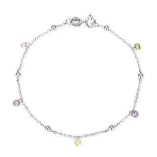 1pc 925 Sterling Silver 2.5mm Bead Station Cable Chain Bracelet with CZ Gemstone Drops, Tarnish Resistant White Gold Plated, Length Selections: 7 inch/7.5 inch
