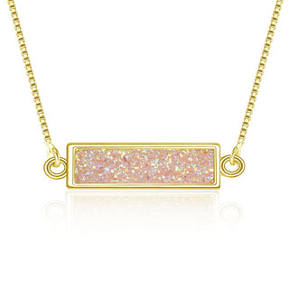 1pc Natural Druzy Crystal Pendant Necklace, Clear AB Bar Gemstone Pendant, 18 inch Gold Plated Stainless Steel Chain, GGP24-5