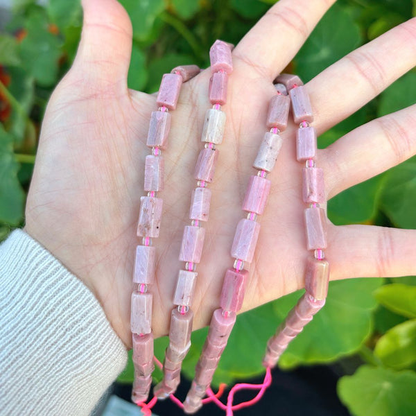 Natural Pink Rhodonite Gemstone Faceted Tube Beads, 13x7mm, Hole ID 1mm, 15 Inch/1 Strand, GZ8-8