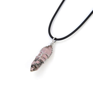 1pc Natural Rhodonite Pink Black Gemstone Pendant Necklace, 18 Inch Leather Cord Jewelry, GGP-H10