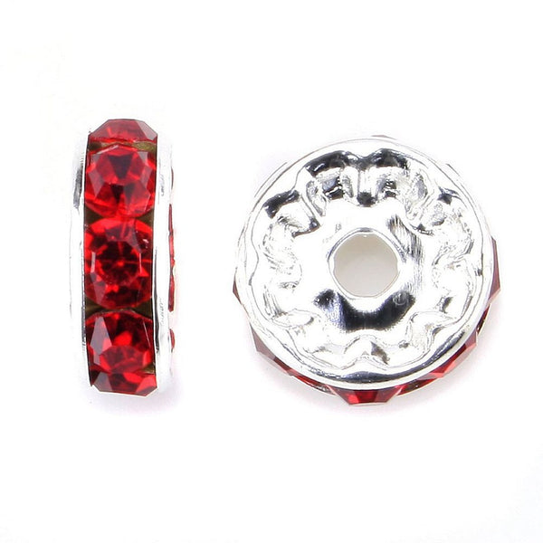 100pcs Grade A Rhinestone Rondelle Beads, Light Siam Red Rhinestone, Sterling Silver Plated Brass, Size Selections: 5mm/6mm/8mm/10mm/12mm