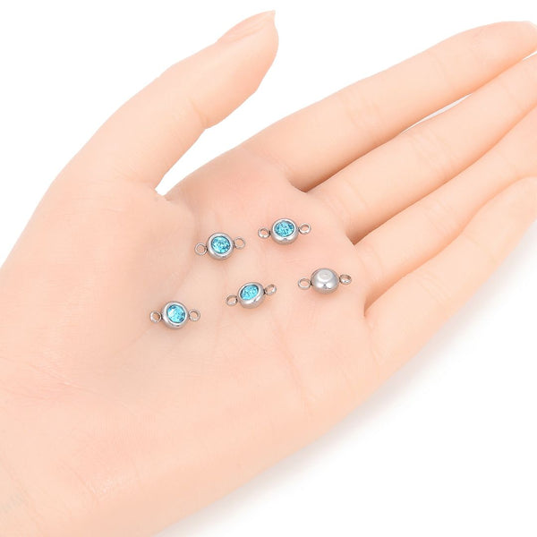 10pcs Grade A December Blue Zircon Birthstone Links, Stainless Steel, Tarnish Resistant, 6mm, CCP34-12