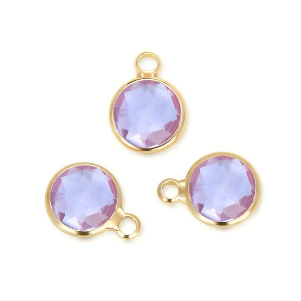 10pcs Grade A June Alexandrite Purple Birthstone Charm Drops, 18K Yellow Gold Plated Brass, 6mm Small, CCP2-G6