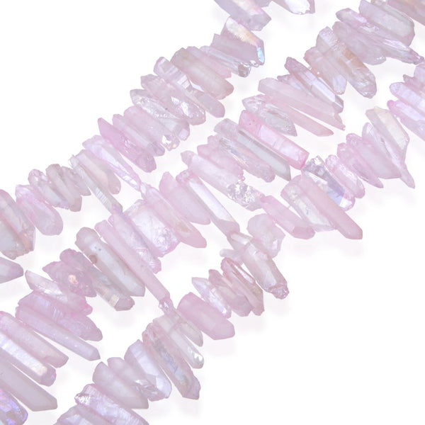 1 Strand Natural Raw Crystal Quartz Gemstone Beads, Small Drilled Stone Points, Rose Pink AB Titanium Coated Stone Stick, 15 Inch, GA8