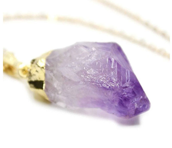 1pc Natural Raw Purple Amethyst Crystal Free Form Gemstone Pendant Necklace, 18 inch 18K Yellow Gold Plated Stainless Steel Chain, GGP12-2