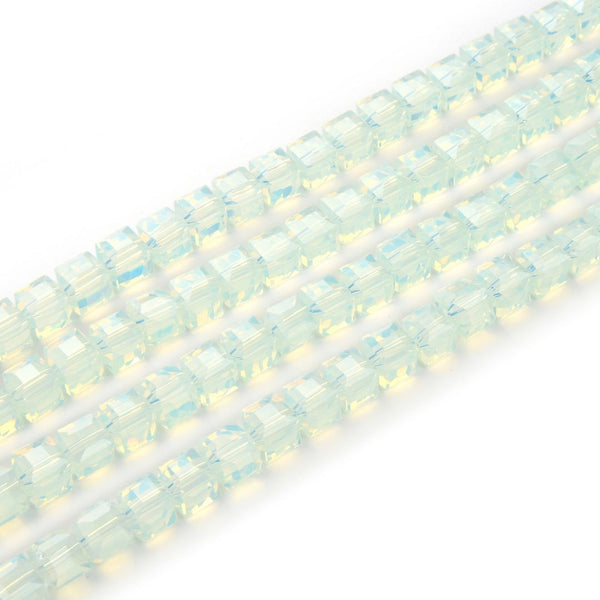 100pcs Creative Club Faceted Cube Crystal Glass Beads, White Opal, 6mm, Hole ID 1mm, CCC634