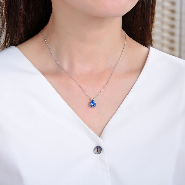 925 Sterling Silver December Birthstone Solitaire Necklace, 8mm/2 Carat Blue Zircon Cubic Zirconia CZ, Length Selections: 16 inch/18 inch