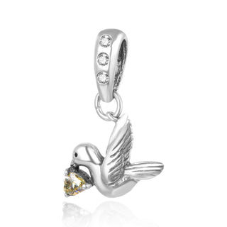 1pc 925 Sterling Silver Bird Charm, Freedom Lover November Birthstone Charm Drop, Yellow Topaz Cubic Zirconia CZ, 20mm Long, Hole ID 4.5mm, EC1-D11