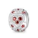 1pc 925 Sterling Silver Round Heart Pattern January Birthstone Bead Charm, Siam Red Garnet Cubic Zirconia CZ, 11x9mm, Hole ID 4.5mm, EC1-H1