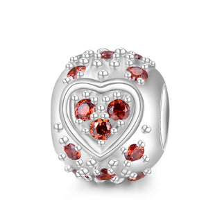 1pc 925 Sterling Silver Round Heart Pattern January Birthstone Bead Charm, Siam Red Garnet Cubic Zirconia CZ, 11x9mm, Hole ID 4.5mm, EC1-H1