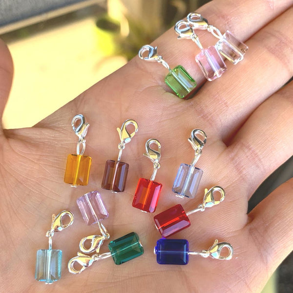 1 Set/12pcs Mixed Clip On Dangle Birthstone Charm Drops, 8mm Crystal Rectangle Beads, Sterling Silver Plated Clasp, BL11