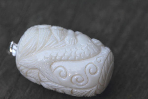 1pc Beautiful 3D Goddess Mermaid Hand Carved White Buffalo Bone Drop Pendant, Symbol of Strength Prosperity Pendant, with Sterling Silver Bail, 1.42 Inch, BP-112